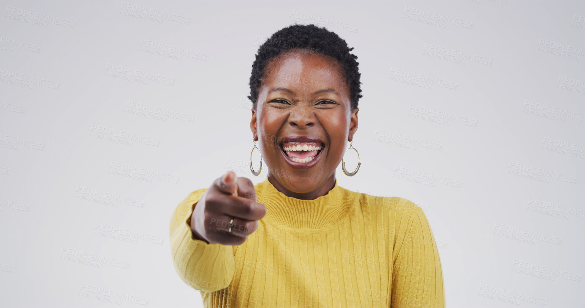 Buy stock photo Portrait, pointing to you and black woman in studio, funny and selection on white background. Opportunity, gesture and person with happiness, decision and encouragement with choice, emoji or laughing