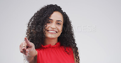 Buy stock photo Pointing, you and portrait of happy woman in studio for choice, encouragement and decision for winner. Smile, mockup space and person with finger, gesture and emoji for selection on white background