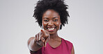 Portrait, pointing to you and black woman in studio, choice and selection on white background. Motivation, gesture and person with accountability, decision and encouragement with emoji and support
