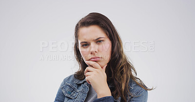 Buy stock photo Face, solution and thinking with woman on studio space for brainstorming, planning or problem solving. Decision, ideas and question with person isolated on white background for contemplation
