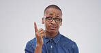 Confused, black man and thinking with solution in studio for conclusion, problem solving and aha. Mockup, frown and person with remember on white background with eureka moment, insight and revelation