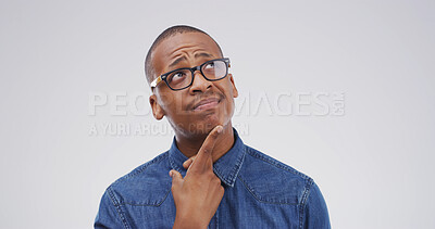 Buy stock photo Idea, question and why with black man on studio space for brainstorming, contemplation or solution. Planning, problem solving and thinking with person isolated on white background for decision