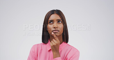 Buy stock photo Thinking, selection and woman in studio, decision and contemplation on white background. Opportunity, space or person with planning, choice and problem solving with option, confused and uncertain