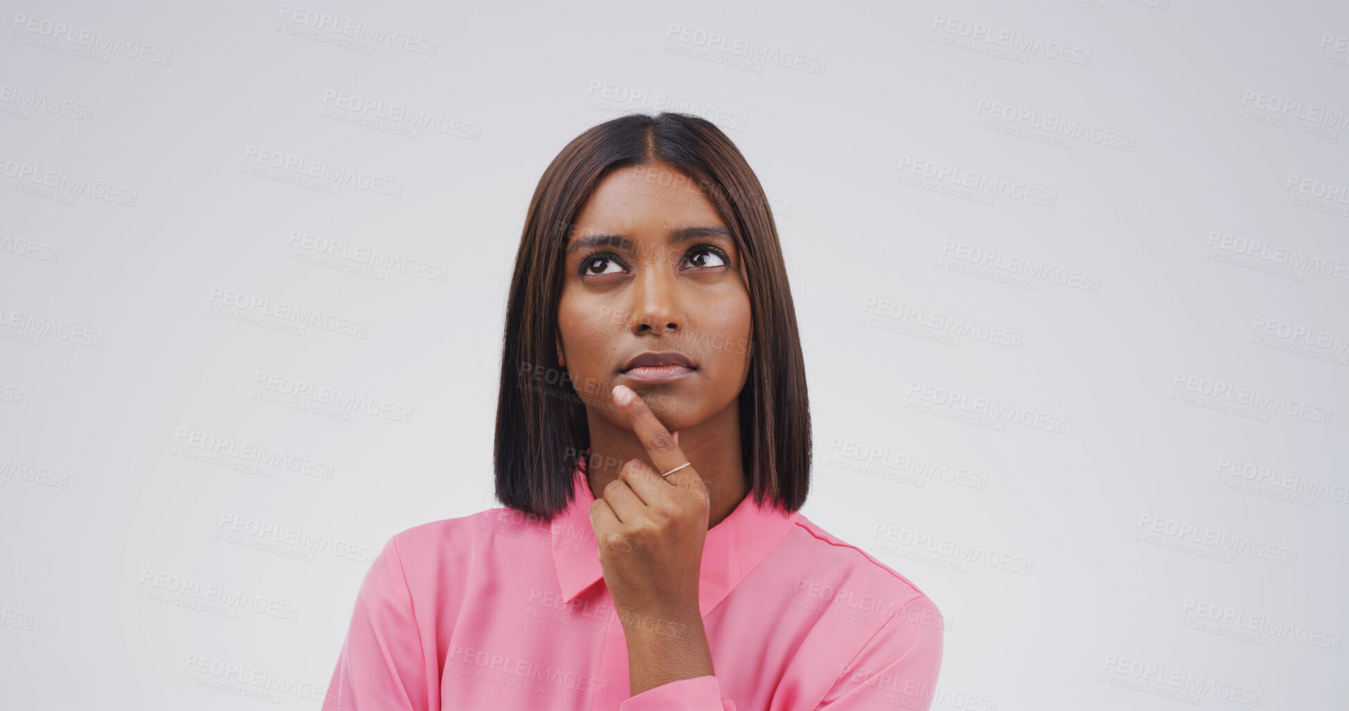 Buy stock photo Thinking, selection and woman in studio, decision and contemplation on white background. Opportunity, space or person with planning, choice and problem solving with option, confused and uncertain