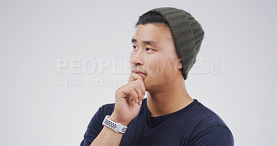 Buy stock photo Ideas, thinking and question with man on studio space for brainstorming, contemplation or solution. Emoji, planning and why with Asian person isolated on white background for choice or decision