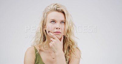 Buy stock photo Ideas, thinking and why with woman on studio space for brainstorming, contemplation or wonder. Choice, decision and planning with face of person isolated on white background for thought or vision