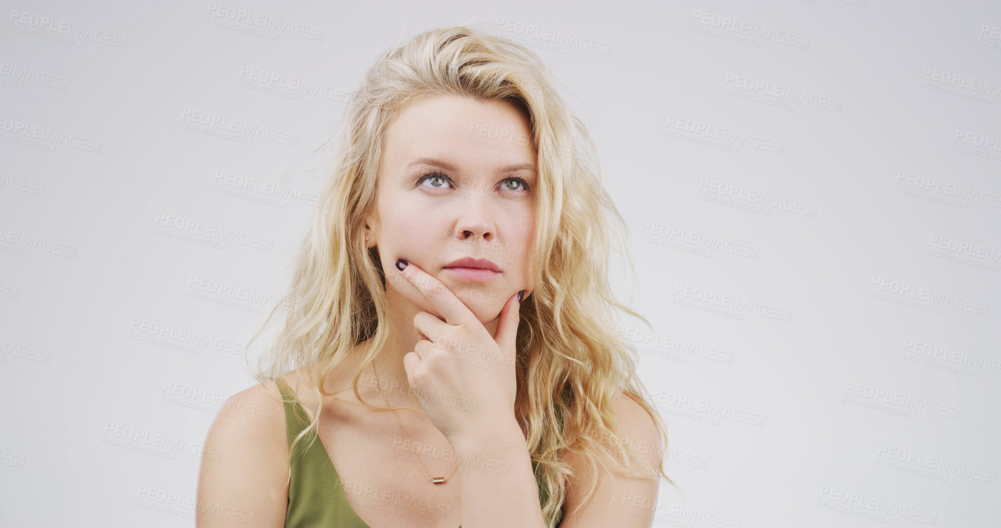 Buy stock photo Ideas, thinking and why with woman on studio space for brainstorming, contemplation or wonder. Choice, decision and planning with face of person isolated on white background for thought or vision