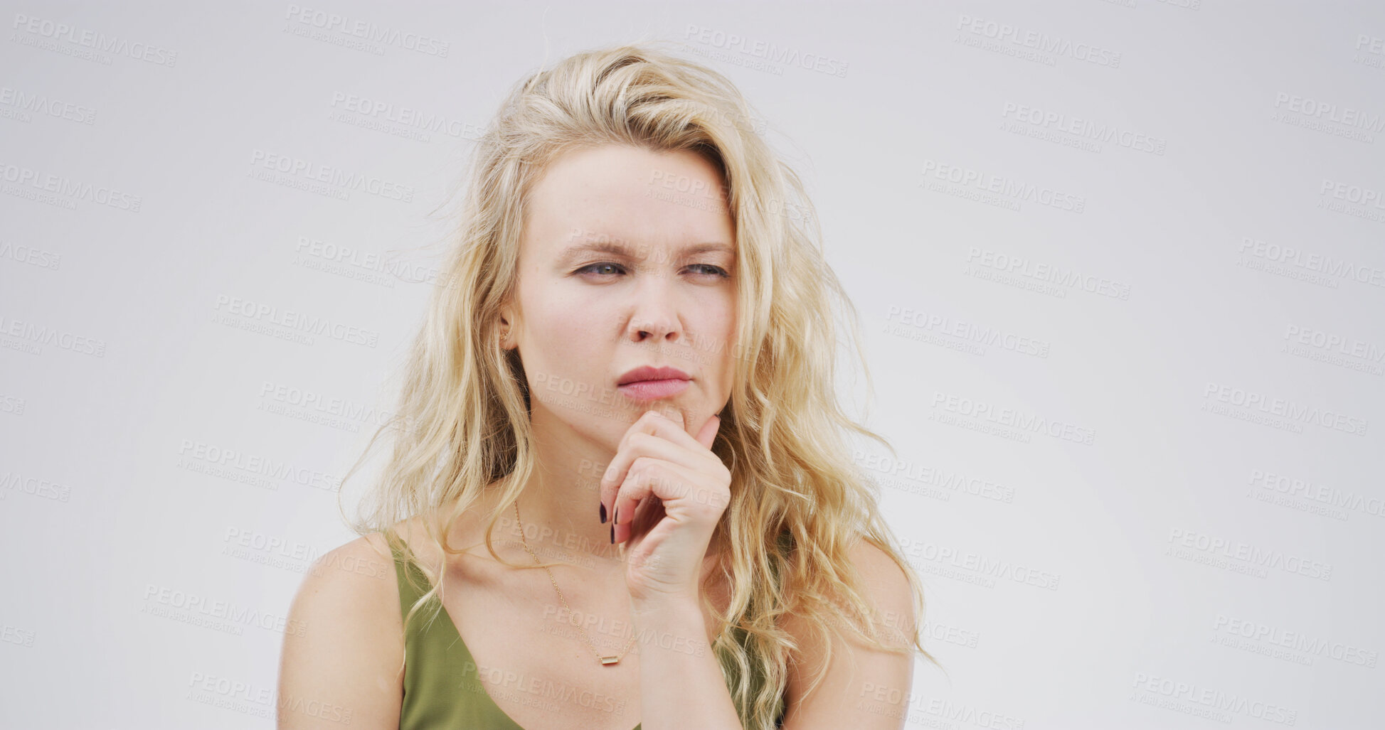 Buy stock photo Confused, uncertain and woman with thinking in studio for decision, planning and solution to doubt. Mockup space, person and suspicious on white background for fake news gossip, contemplating or liar