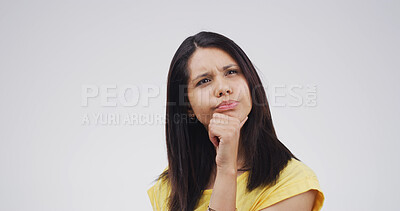 Buy stock photo Thinking, woman and ideas in studio for problem solving, solution choice and doubt question. Space, female person and brainstorming with options, planning and unsure with decision on white background