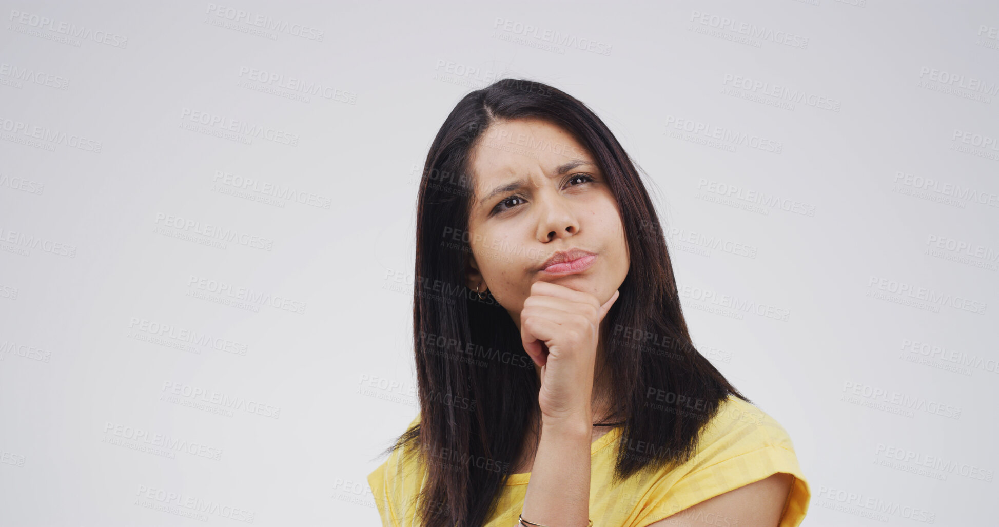 Buy stock photo Thinking, woman and ideas in studio for problem solving, solution choice and doubt question. Space, female person and brainstorming with options, planning and unsure with decision on white background