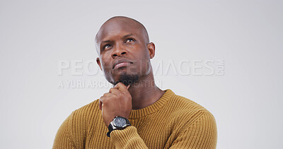 Buy stock photo Choice, thinking and question with black man on studio space for brainstorming, contemplation or solution. Ideas, planning and why with African person isolated on white background for decision