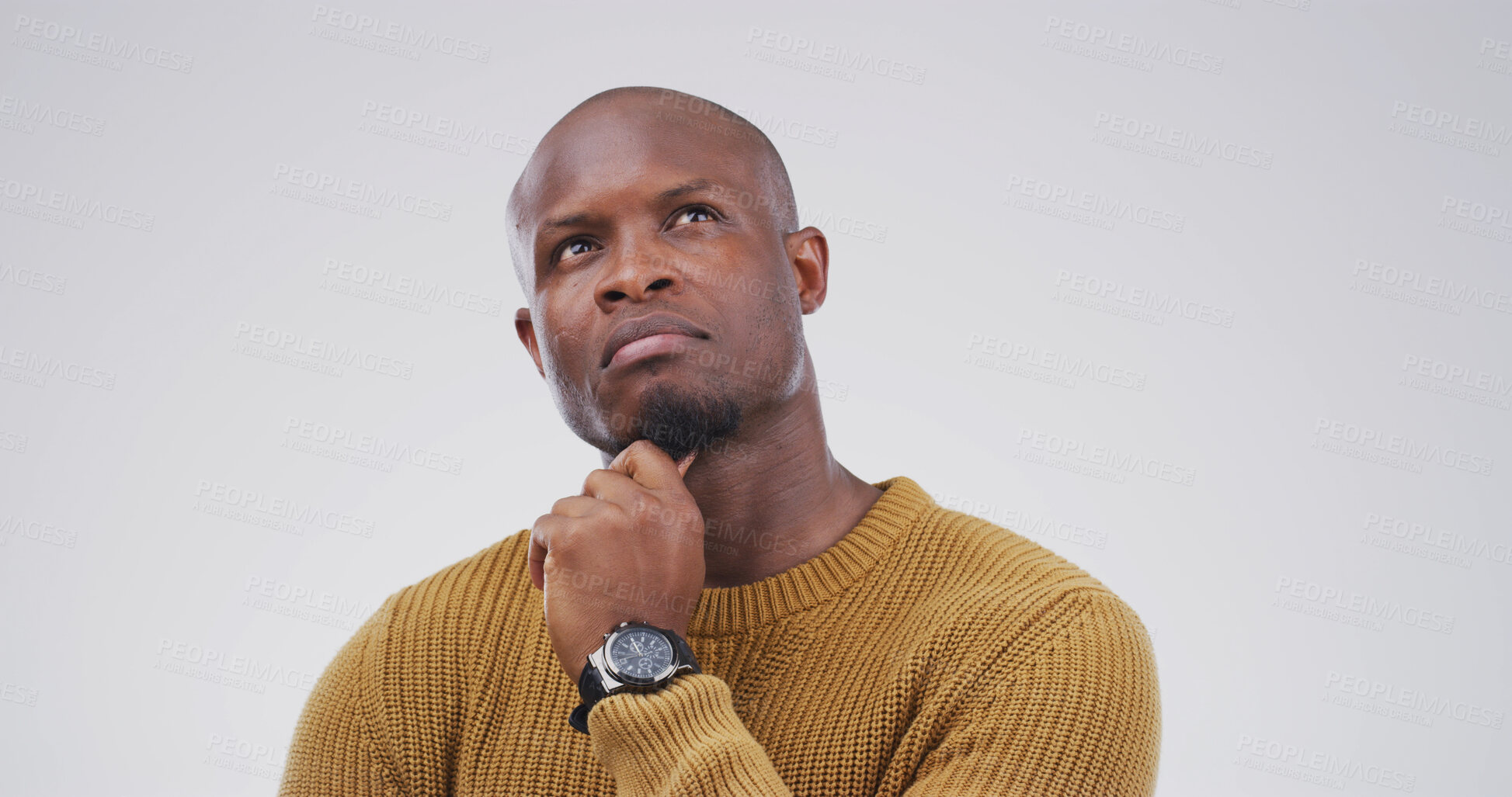 Buy stock photo Choice, thinking and question with black man on studio space for brainstorming, contemplation or solution. Ideas, planning and why with African person isolated on white background for decision