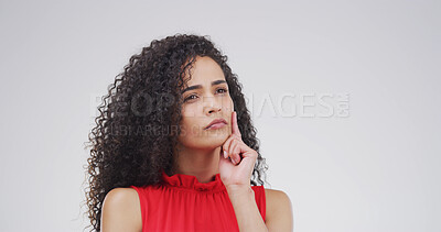 Buy stock photo Woman, thinking and reflection in studio with mock up space, decision or doubt on white background. Person, perspective and insight for option, solution or choice with mindset for problem solving