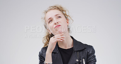 Buy stock photo Face, ideas and solution with woman on studio space for brainstorming, planning or problem solving. Thinking, question and vision with person isolated on white background for thoughtful contemplation