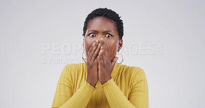 Buy stock photo Scared, surprise and woman with shock in studio for bad news, threat and overwhelmed by drama. Mockup space, black person and cover mouth with anxiety, fear and unexpected horror on white background