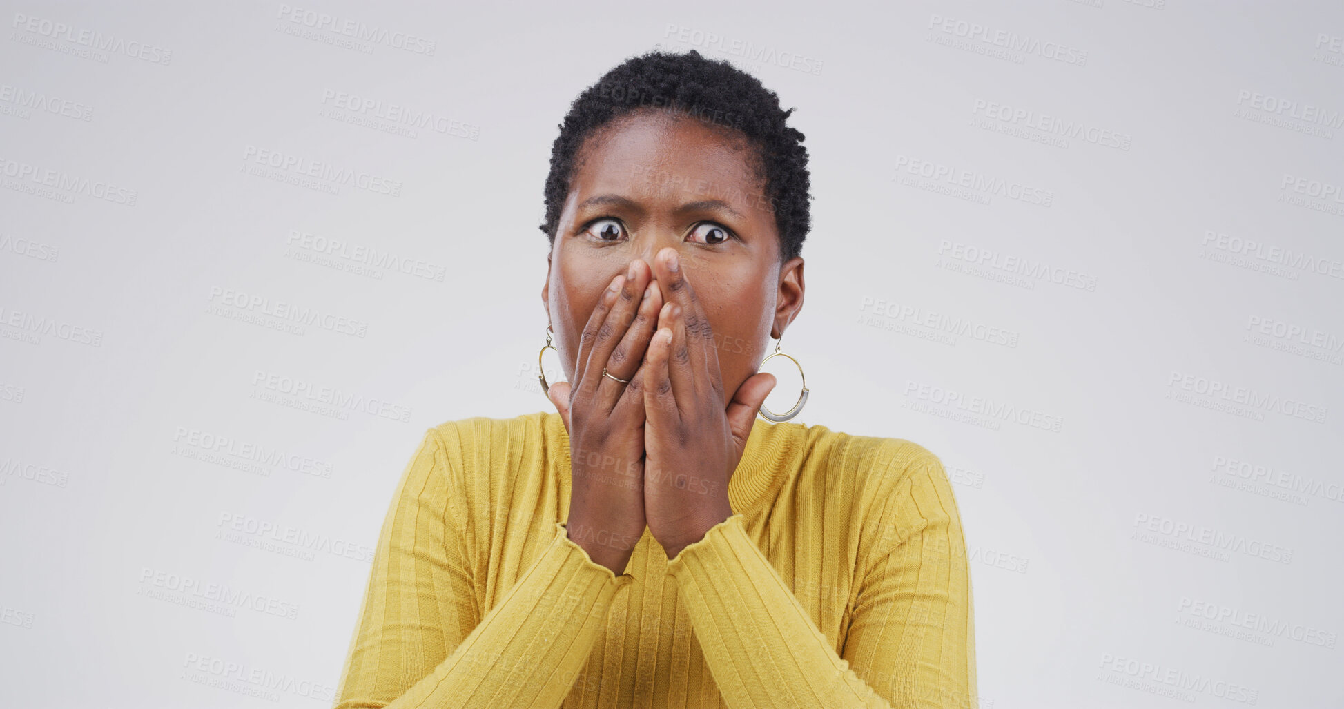 Buy stock photo Scared, surprise and woman with shock in studio for bad news, threat and overwhelmed by drama. Mockup space, black person and cover mouth with anxiety, fear and unexpected horror on white background