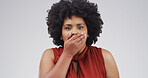 Portrait, surprise and black woman in studio, phobia and announcement on white background. Person, secret and shocked with fear, gossip or notification with drama, wow reaction or scared with anxiety