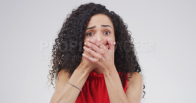 Buy stock photo Portrait, shocked and woman in studio, scared and announcement on white background. Person, phobia and surprise with fear, panic attack or anxiety with wow reaction, nervous or secret news with space