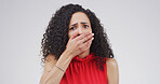 Portrait, surprise and woman in studio, fear and announcement on white background. Person, phobia and shocked with mockup space, gossip and notification with drama, wow reaction and secret news