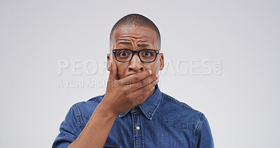 Buy stock photo Portrait, shocked and man with facial expression for gossip, studio or amazed by revelation or news. White background, surprised and black person with reaction for announcement, mind blown and rumor