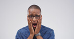 Portrait, black man and shocked gasp in studio for gossip reaction, bad news and fake rumor. Male person, space and mind blown for horror story, drama crisis and secret revelation on white background