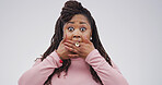 Surprise, rumor and portrait of black woman in studio with omg, wow and wtf face expression. Shocked, announcement and African female person with reaction to gossip or competition by white background