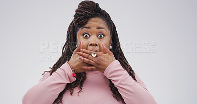 Buy stock photo Surprise, rumor and portrait of black woman in studio with omg, wow and wtf face expression. Shocked, announcement and African female person with reaction to gossip or competition by white background