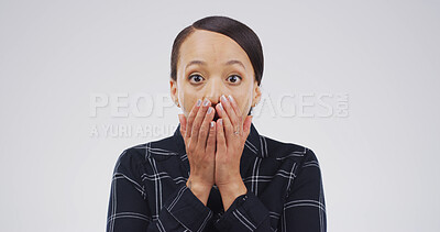 Buy stock photo Wow, shock and portrait of woman in studio with bad news, announcement and omg. Face expression, surprise and cover mouth with model for gossip, secret and drama with wtf on white background space