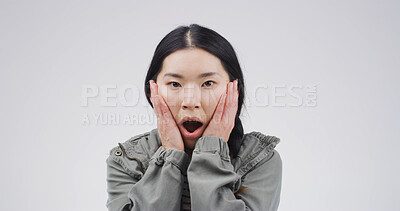 Buy stock photo Portrait, woman and shocked reaction in studio for scary gossip, bad news and fake rumor. Female person, space and mind blowing for horror story, danger risk and secret revelation on white background
