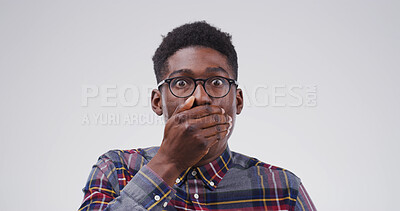 Buy stock photo Portrait, rumor and man with reaction to news, studio or gasp for revelation of secret or surprised. White background, mind blown and black person with facial expression for gossip, amazed or shocked