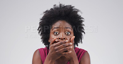 Buy stock photo Surprise, fear and portrait of black woman in studio with bad news, announcement or omg. Face expression, shock and cover mouth with model for horror, scared or wow with wtf on white background space