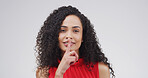Portrait, smile and woman with finger on lips in studio for quiet, privacy or gossip gesture. Secret, confidential and person from Mexico with silent sign for rumor or mystery by white background.