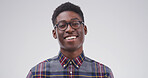 Portrait, nerd and black man in studio as student for scholarship, learning or college education. Smile, learner and geek with glasses for university with happiness on white background space in Kenya