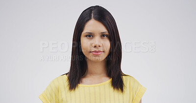 Buy stock photo Education, portrait and woman student on studio space for development, learning or university study. College, future and growth with person isolated on white background for knowledge or school course