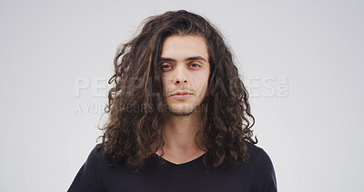Buy stock photo Portrait, man and messy hair in studio for natural growth, frizz problem and dry texture. Space, male person and tangled risk for curly hairstyle, split ends and disaster of salon on white background