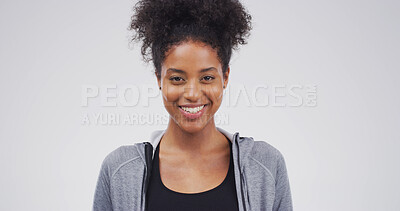 Buy stock photo Education, portrait and smile of student on studio space for development, learning or university study. College, future and growth with woman isolated on white background for knowledge or school