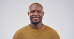 Portrait, bald and black man for smile in studio of hair loss, alopecia genetics and healthy glow. Space, male person and haircare with natural aging, grooming shine and self care on white background