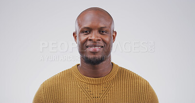 Buy stock photo Portrait, creative and happy with black man in studio for fashion, casual clothes and designer. Smile, male person and style with cotton jersey, minimalistic outfit and good mood on white background