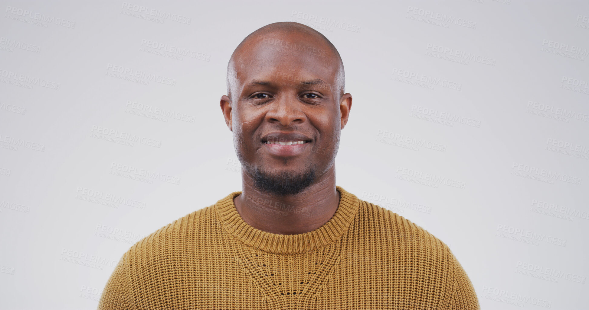 Buy stock photo Portrait, creative and happy with black man in studio for fashion, casual clothes and designer. Smile, male person and style with cotton jersey, minimalistic outfit and good mood on white background