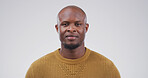 Portrait, bald and man for haircare in studio of hair loss, alopecia genetics and brittle follicles. Space, African male person and results of aging, grooming shine and self care on white background