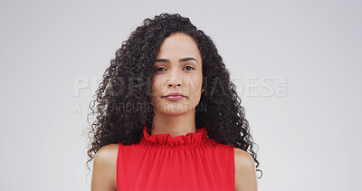 Buy stock photo Serious, confident and portrait of woman in studio with positive attitude for creative career. Journalism, pride and female editor from Brazil with job opportunity for publishing by white background.