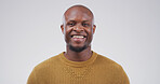 Portrait, bald and black man for haircare in studio of hair loss, alopecia genetics and healthy glow. Space, male person and happy with natural aging, grooming shine and self care on white background