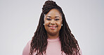 Portrait, happy teacher and black woman in studio for education, learning or college. Smile, tutor and African person with university lecturer isolated on white background with space in Tanzania