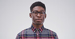 Portrait, black man and student with glasses in studio for education, scholarship and college. Space, male pupil and smile of learning, study opportunity and university curriculum on white background