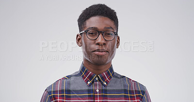 Buy stock photo Portrait, black man or student with glasses in studio for education, scholarship or college. Space, male academic or smile of learning, study opportunity and university curriculum on white background