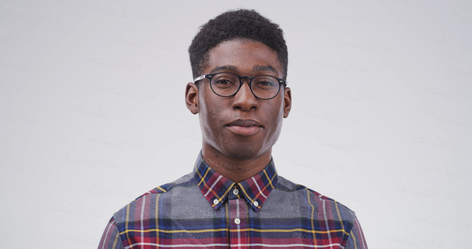 Buy stock photo Portrait, black man or student with glasses in studio for education, scholarship or college. Space, male academic or smile of learning, study opportunity and university curriculum on white background
