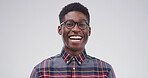 Portrait, black man and happy with student in studio for education, scholarship and college. Space, male pupil and glasses of learning, study opportunity and university curriculum on white background