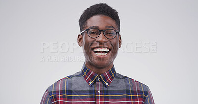 Buy stock photo Portrait, black man and happy with student in studio for education, scholarship or college. Space, male academic or glasses of learning, study opportunity or university curriculum on white background