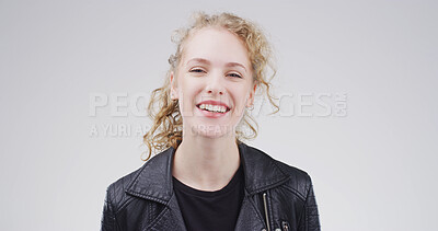 Buy stock photo Portrait, smile and creative woman in studio of career pride, about us and journalist ambition. Happy, person and good mood for reporting news, story writer and publication agency on white background