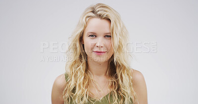 Buy stock photo Beauty, hair and portrait with woman on space in studio for conditioner, keratin or shampoo results. Growth, smile and volume with happy model isolated on white background for haircare satisfaction